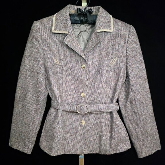 Vintage Women's Wool with Suede Detail Belted Jacket Coat 42/6 - Picture 1 of 16
